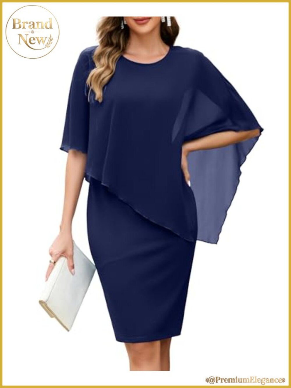 Women's Chiffon Cape Sleeveless Crew Neck Short Wedding Guest Midi Dress